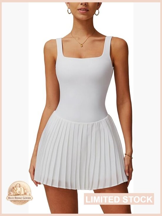 Dresses & Skirts - Square Neck Tennis Dress with Built-In Shorts and Pockets Pleated Backless